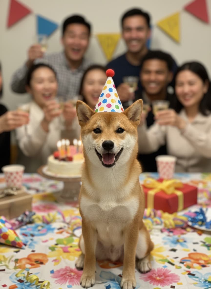 Puppy in a birthday hat looking cheerful for a happy dog meme GIF idea