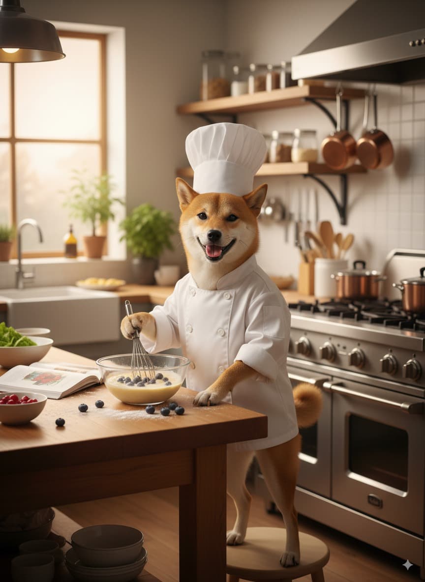 Dog wearing a chef hat in a kitchen for a funny dog meme reaction