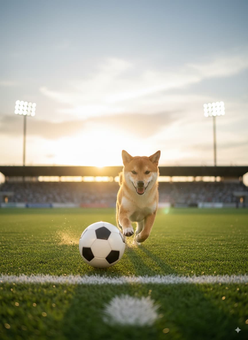 Dog playing soccer on a field for a zoomies-style dog meme idea