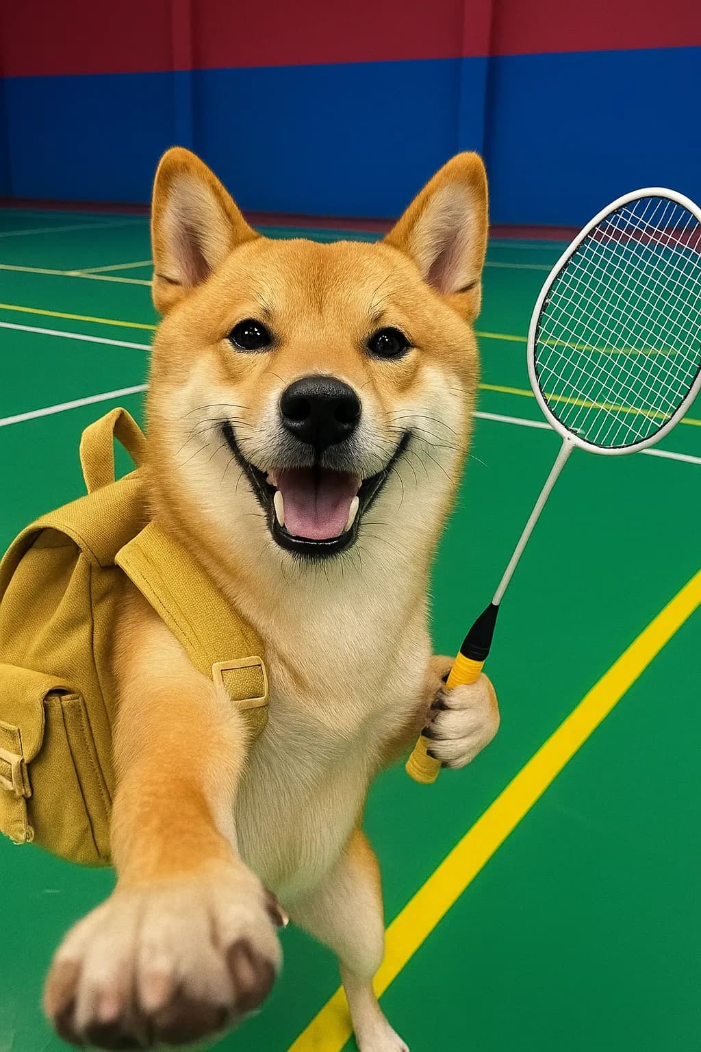 Puppy taking a selfie while holding a badminton racket for a funny dog reaction meme