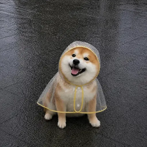 Happy shiba dog with clear rain poncho on rainy ground