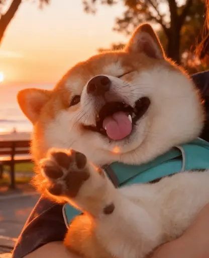 Joyful shiba grinning and waving its paw
