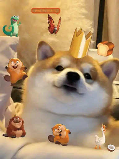 Royal shiba inu wearing crown decorated with cute cartoon animal and food stickers