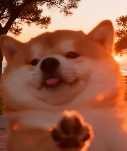Cheerful shiba with tongue out and paw waving