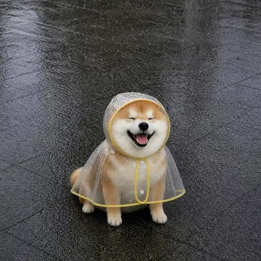Smiling shiba inu with eyes shut wearing transparent dog raincoat
